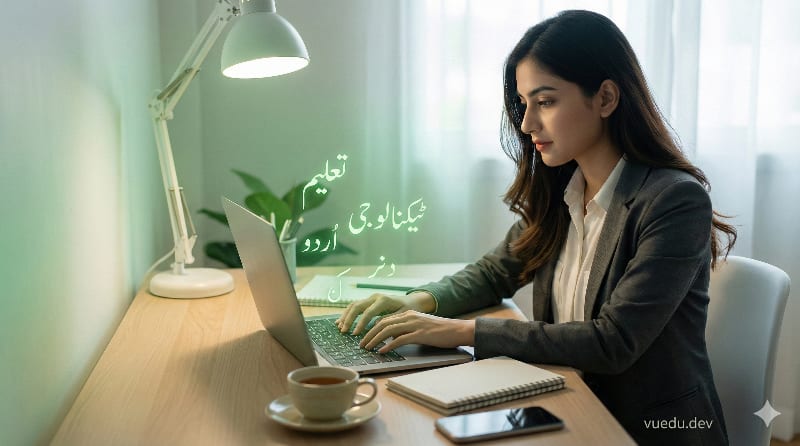 A modern Pakistani student typing in Urdu on a laptop, glowing Urdu Nastaliq letters floating above the keyboard, Urdu keyboard layout visible, soft green and white ambient lighting inspired by Pakistan flag colors, realistic style, professional workspace, desk with notebook and tea cup, tech + education theme