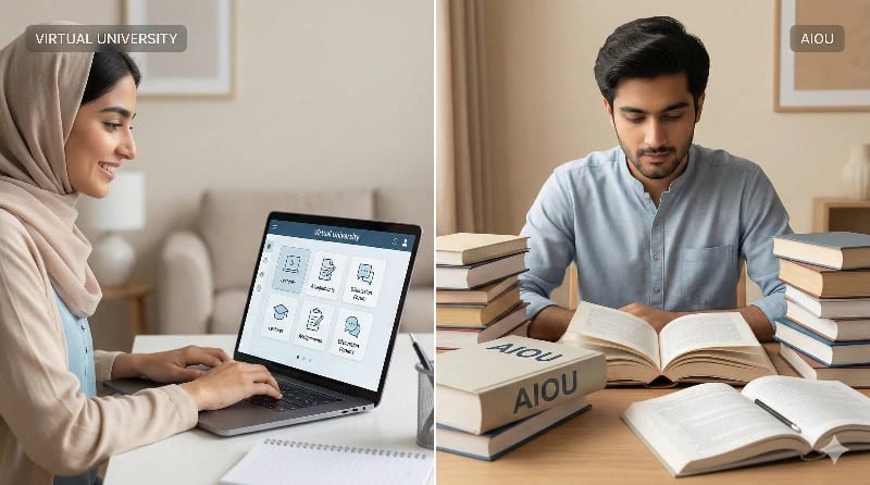comparison image of virtual university and aiou showing how students learn in them 