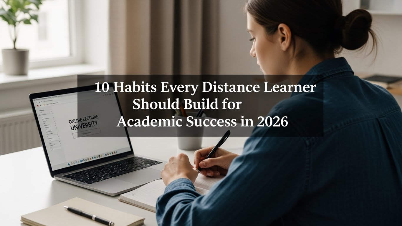 A realistic, high-resolution photo of a disciplined distance learning student studying at a modern desk. A laptop displays an online university lecture interface, with a notebook and pen neatly placed beside it.  overlay text reading: “10 Habits Every Distance Learner Should Build for Academic Success in 2026” 