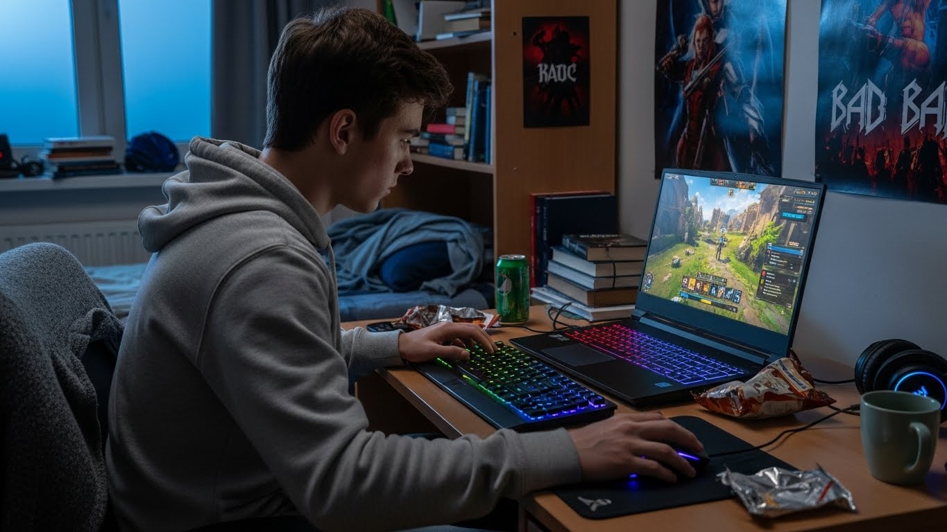 Student in room using a laptop with game