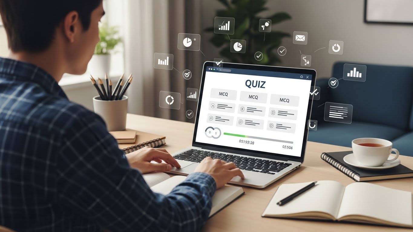 University student taking an online MCQ quiz on a laptop in a calm home study setup