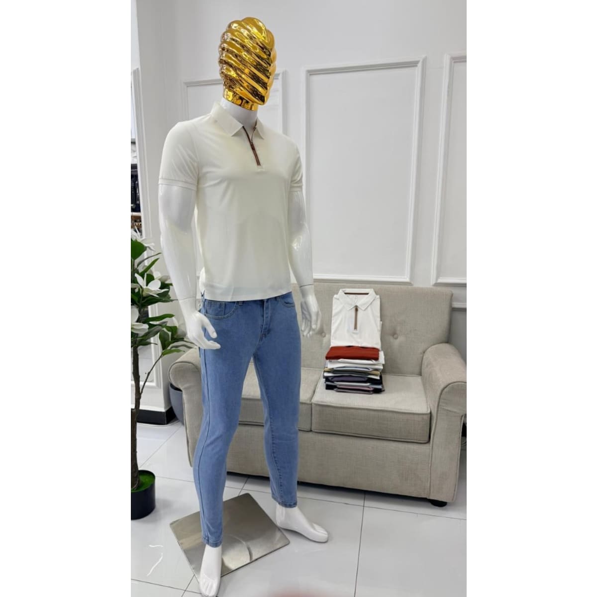 CREAM QUARTER-ZIP KNITTED POLO