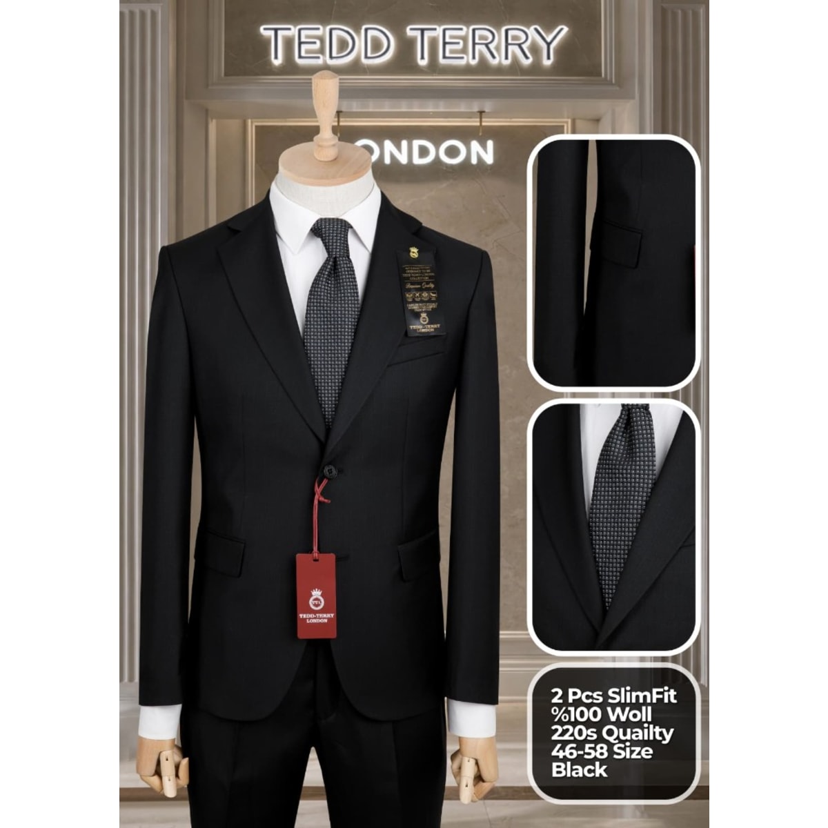 TEDD TERRY LONDON BLACK SLIM-FIT WOOL TWO-PIECE SUIT