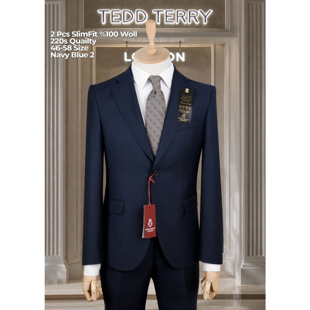 TEDD TERRY LONDON NAVY BLUE 2 SLIM-FIT WOOL TWO-PIECE SUIT