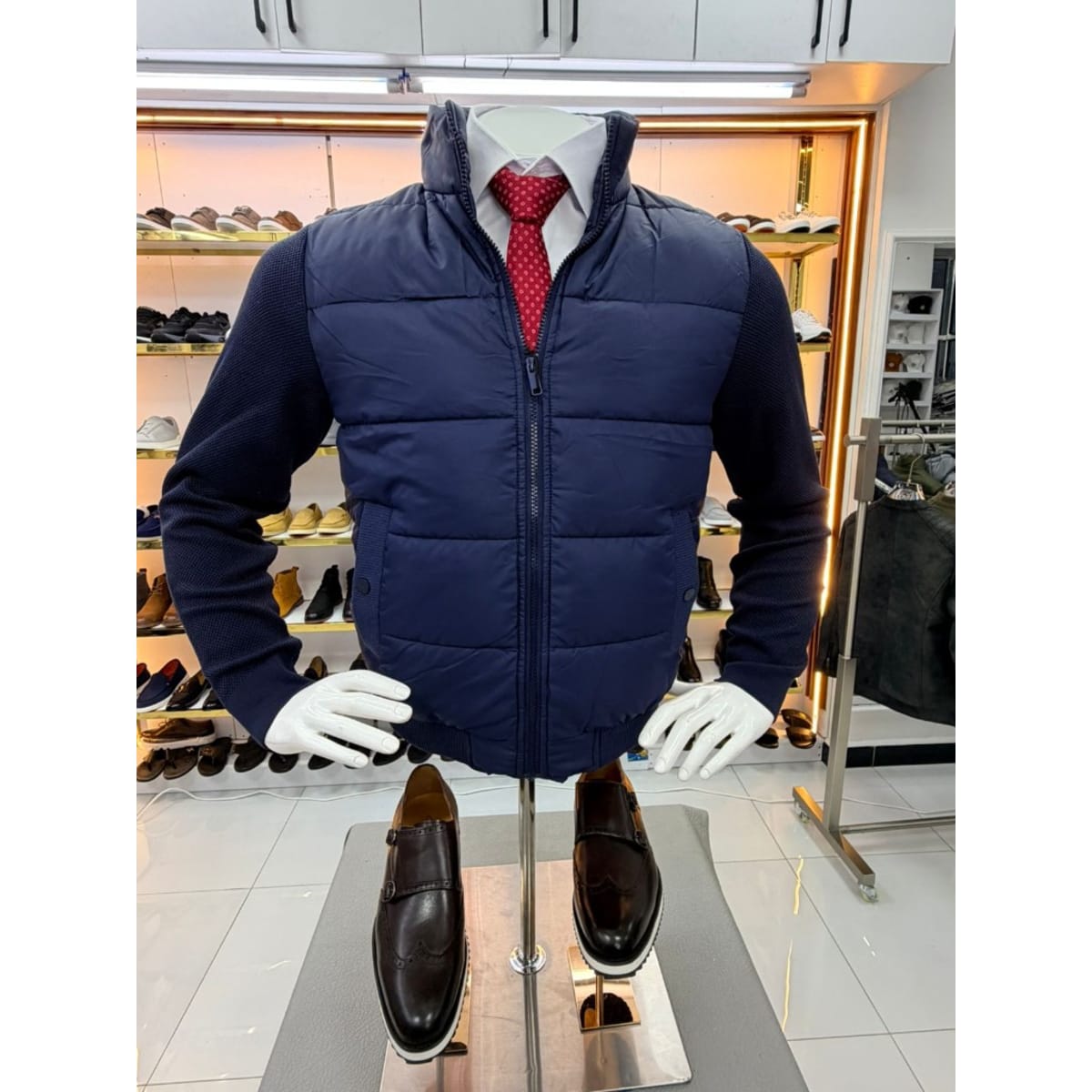 NAVY HYBRID PUFFER BOMBER JACKET