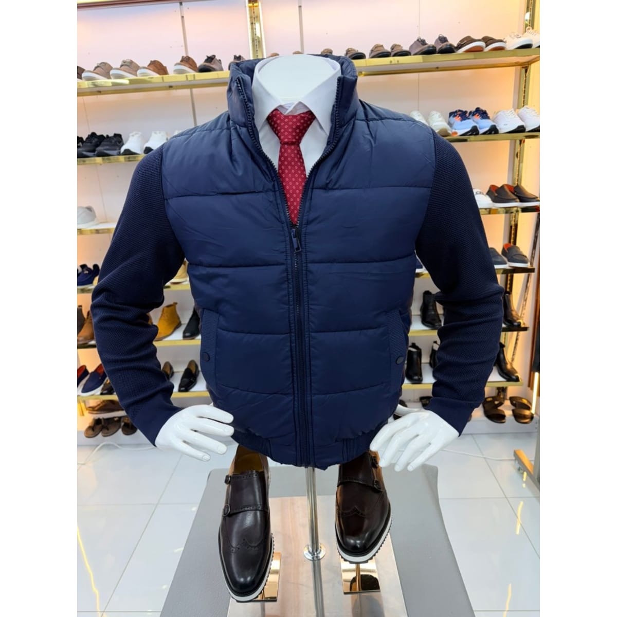 NAVY HYBRID PUFFER-KNIT JACKET