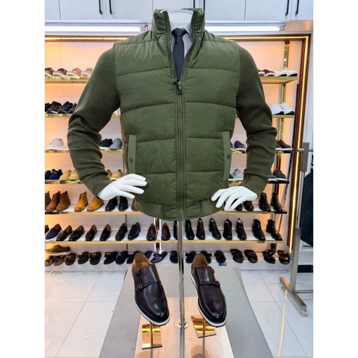 OLIVE GREEN HYBRID PUFFER-KNIT JACKET