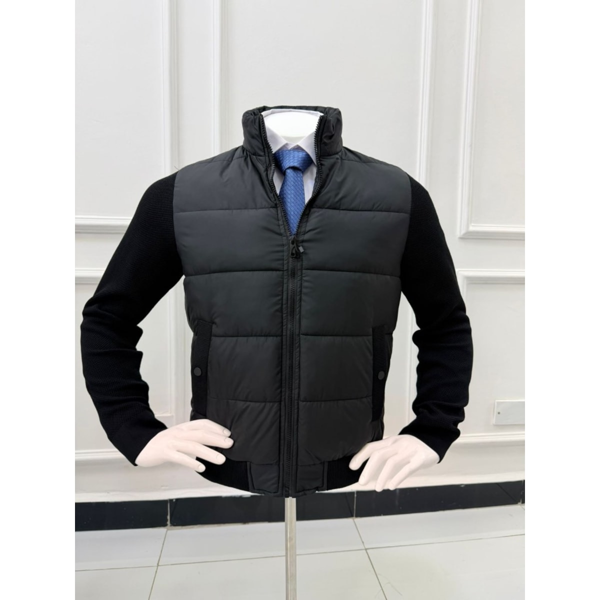 BLACK HYBRID PUFFER-KNIT JACKET