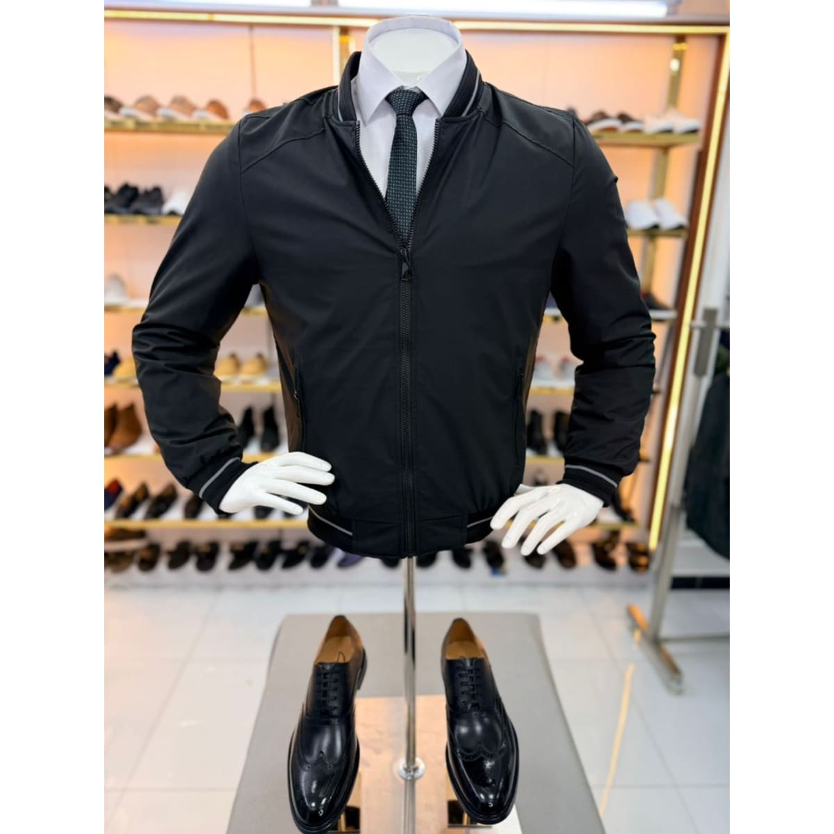 BLACK RIB-TRIM BOMBER JACKET