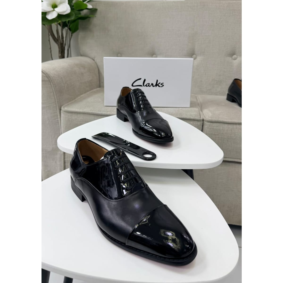 Clarks Black Patent Leather Cap Toe Oxford Shoes