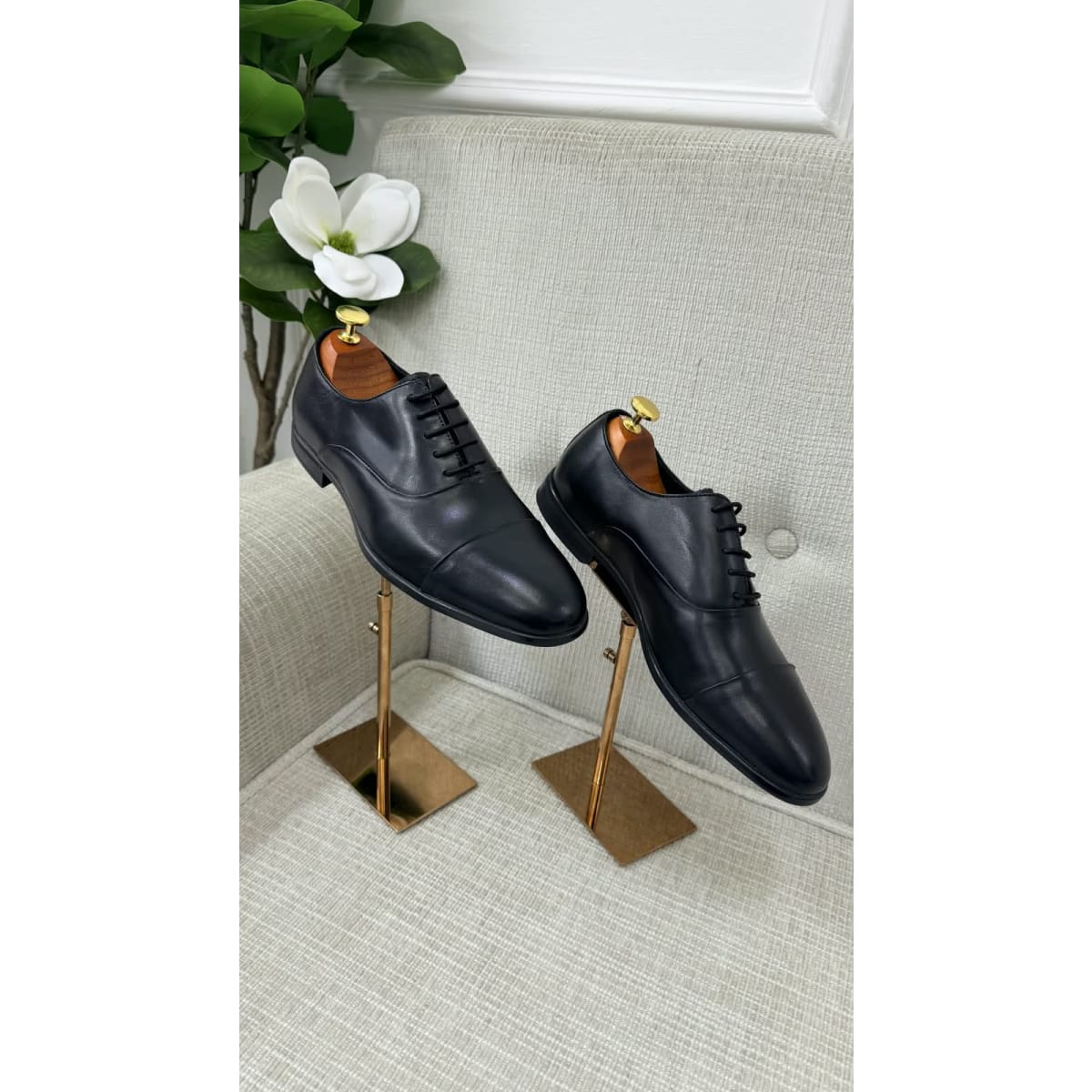 Black Leather Cap-Toe Oxford Formal Shoes