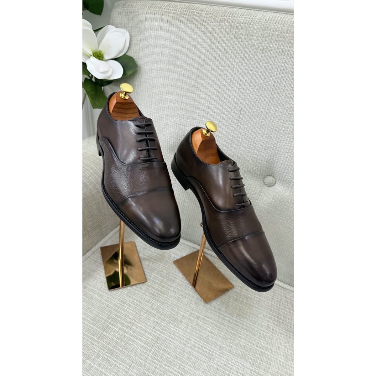 Dark Brown Leather Cap Toe Oxford Shoes