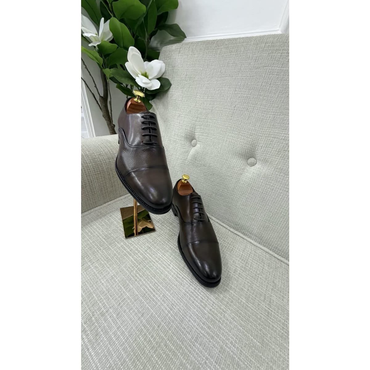 Dark Brown Leather Cap Toe Oxford Shoes,,