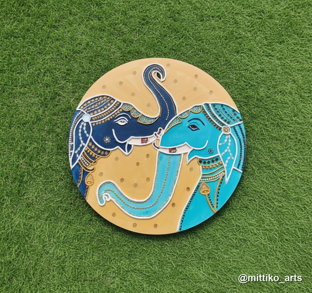 Twin Elephant Mandala Wall Plate – Royal Blue & Turquoise