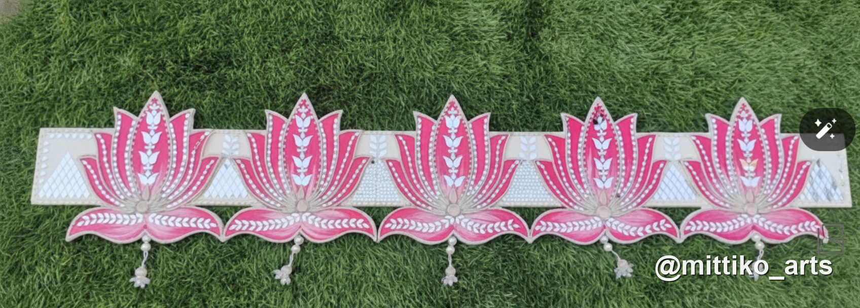 Pink Lotus Toran – White Banner with Five Lotus Pendants