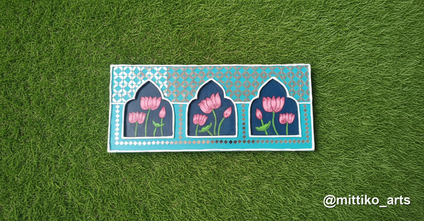 Triple Lotus Jharokha Wall Panel – Teal & Navy