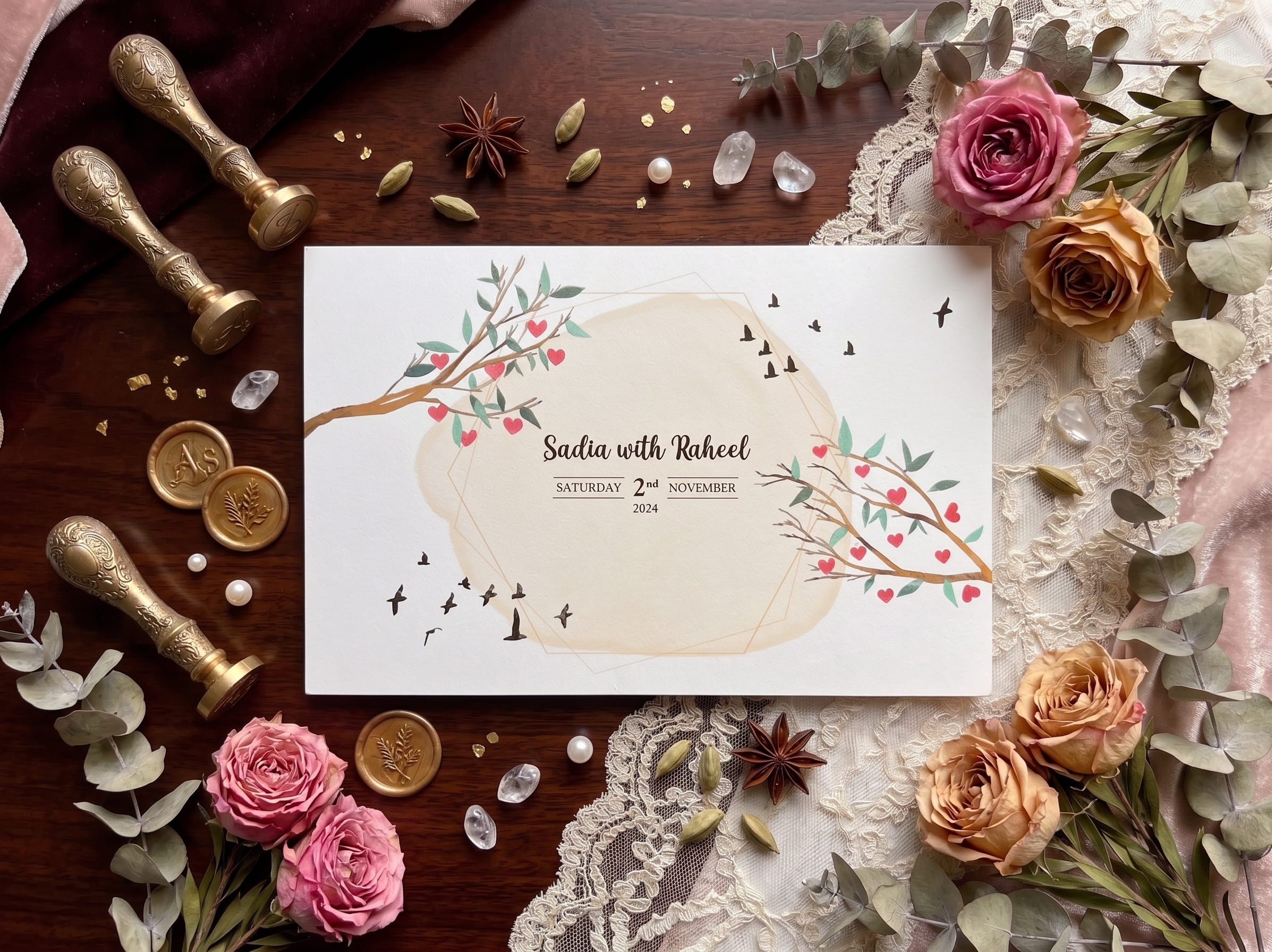 Landscape wedding ceremony card set with hand-drawn love-heart trees, flying birds and a soft watercolour wash by Shahi Bulawa Karachi