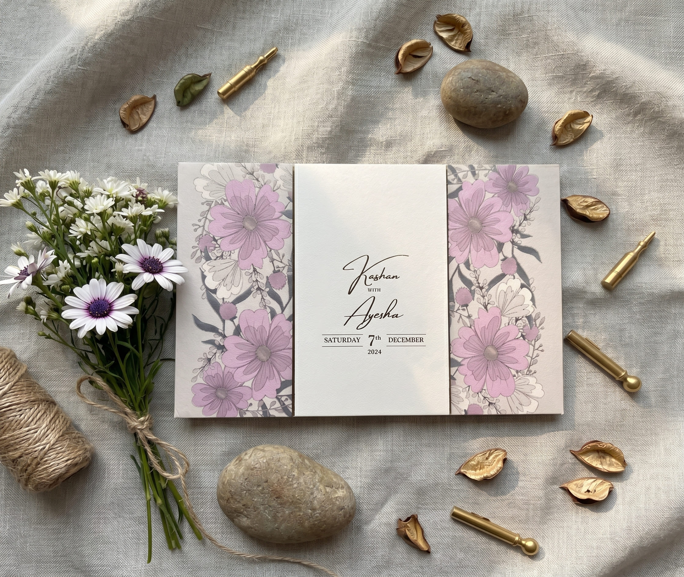 Landscape wedding card with lilac and mauve cosmos floral side panels and a cream centre band by Shahi Bulawa Karachi