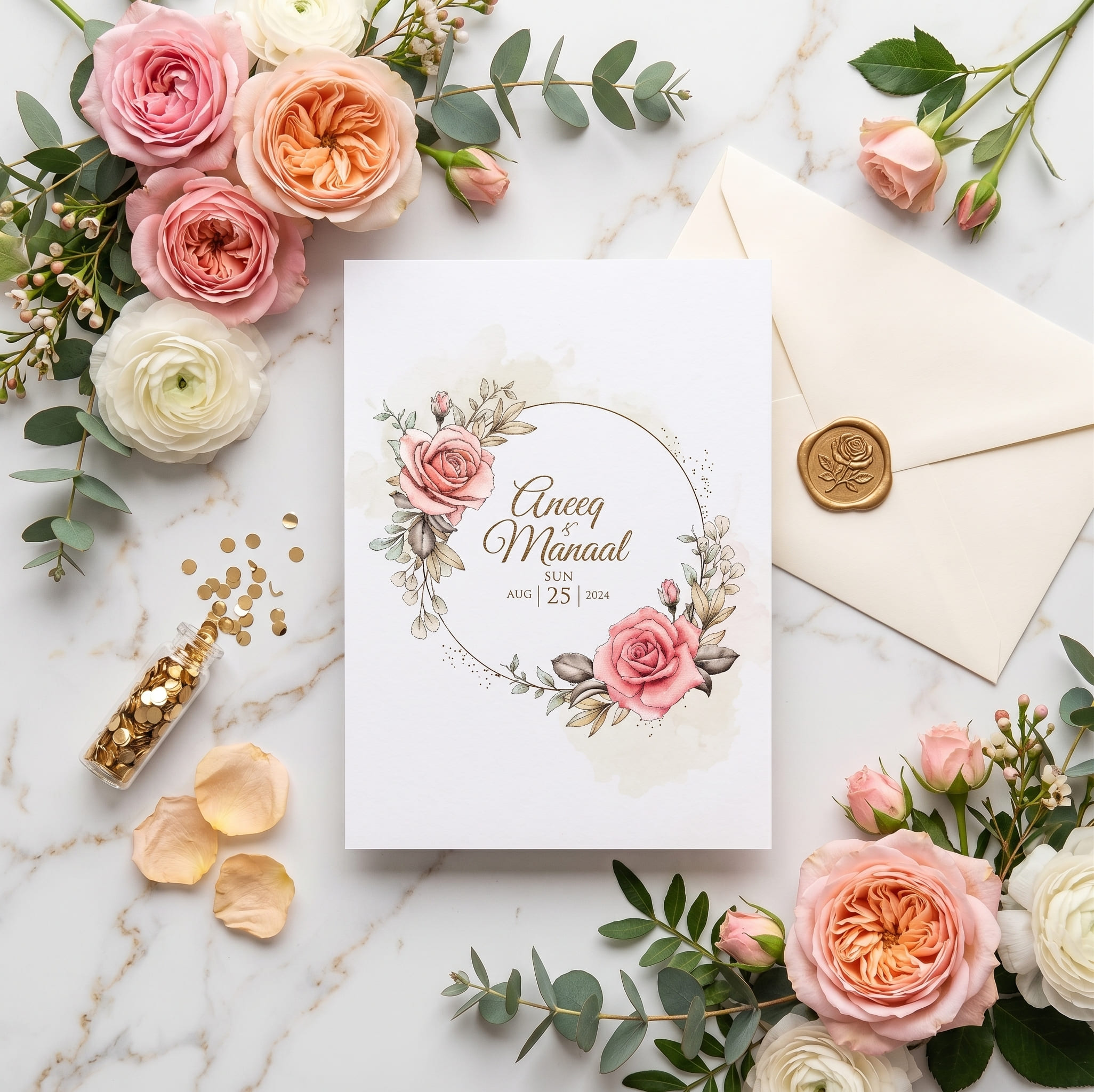 White wedding card with a delicate gold wreath ring, pink roses and gold script names by Shahi Bulawa Karachi