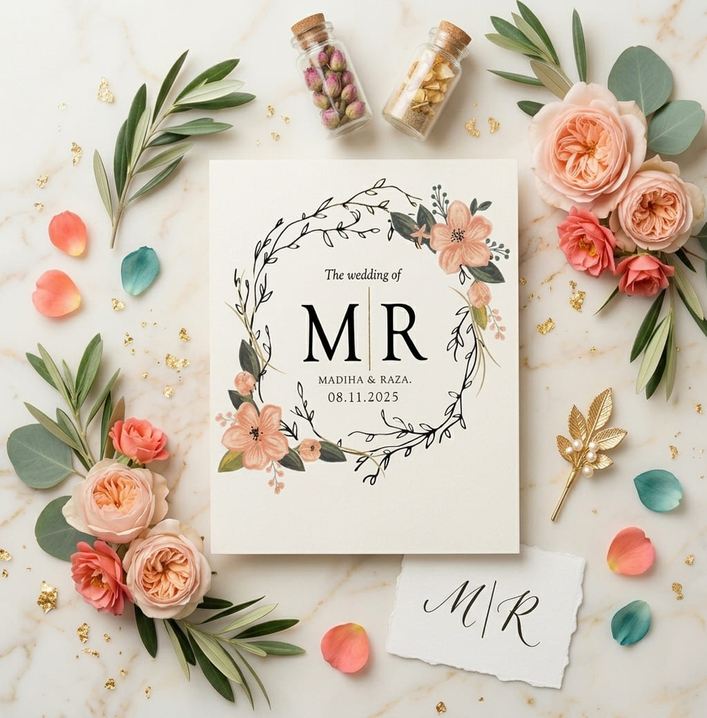 Wedding card with a grey marble background, delicate floral wreath and a gold monogram by Shahi Bulawa Karachi