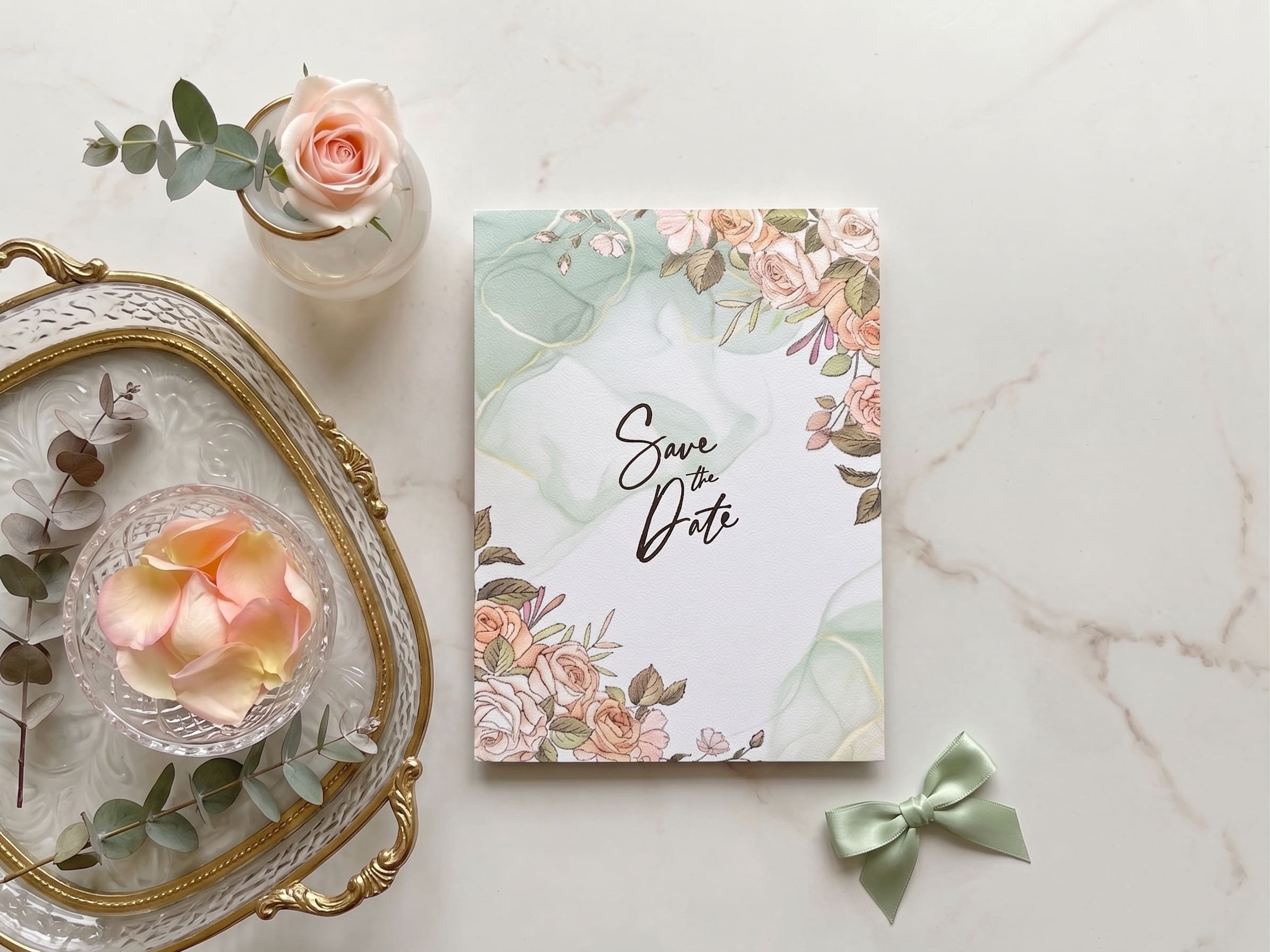 Save the date card with a sage green and gold marble wash and peach and cream rose borders by Shahi Bulawa Karachi