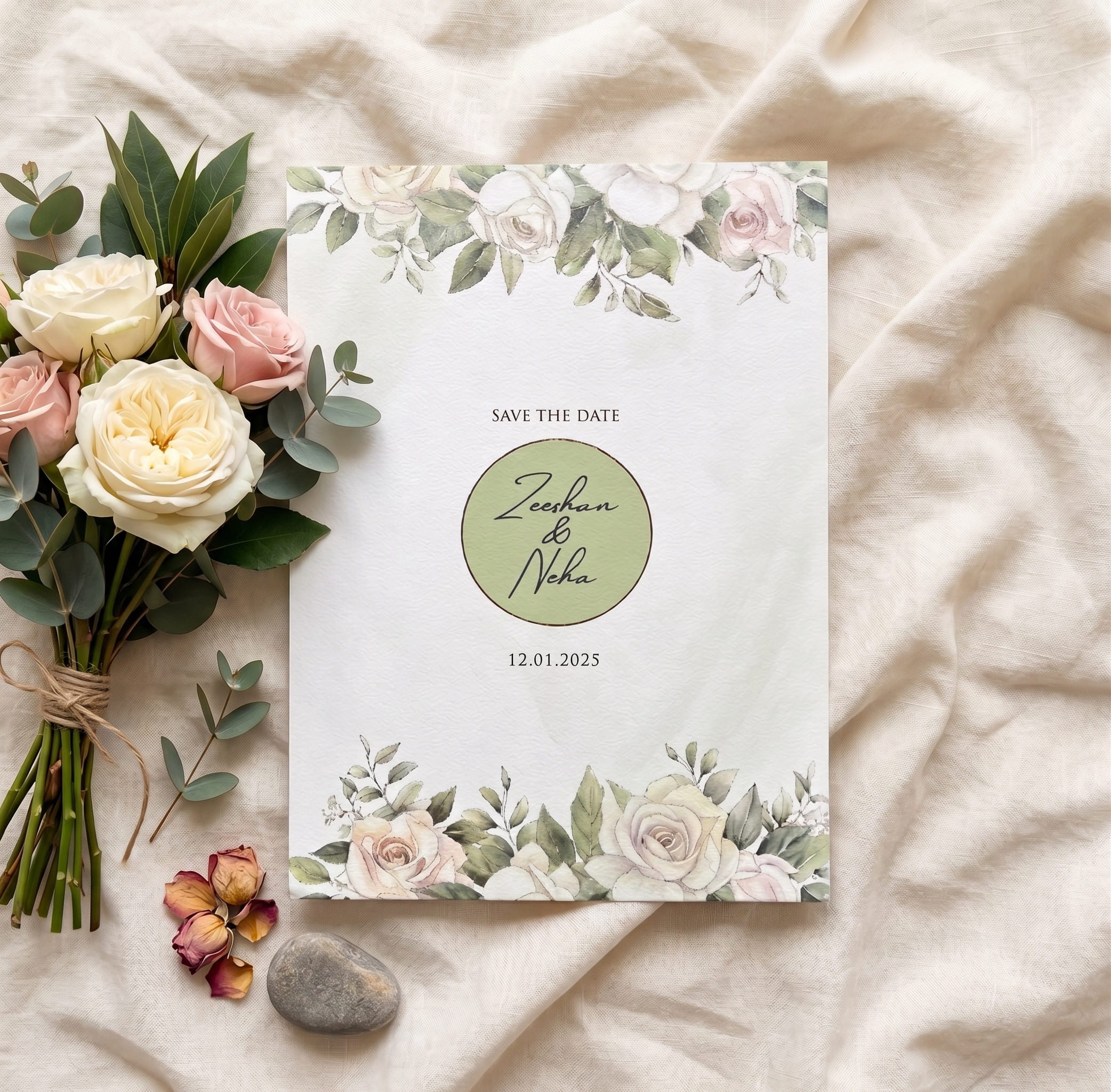 Save the date card with a sage-green circle monogram and white roses with greenery by Shahi Bulawa Karachi