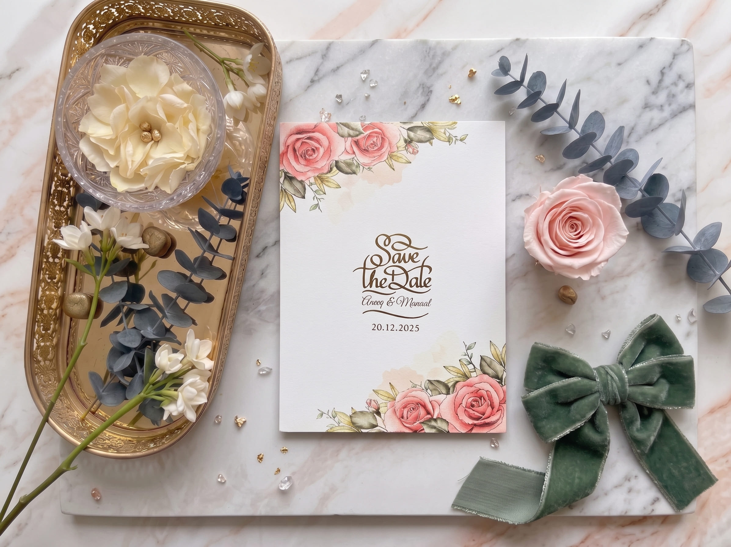 Ivory save the date card with peach and pink watercolour roses in opposite corners and brown script by Shahi Bulawa Karachi