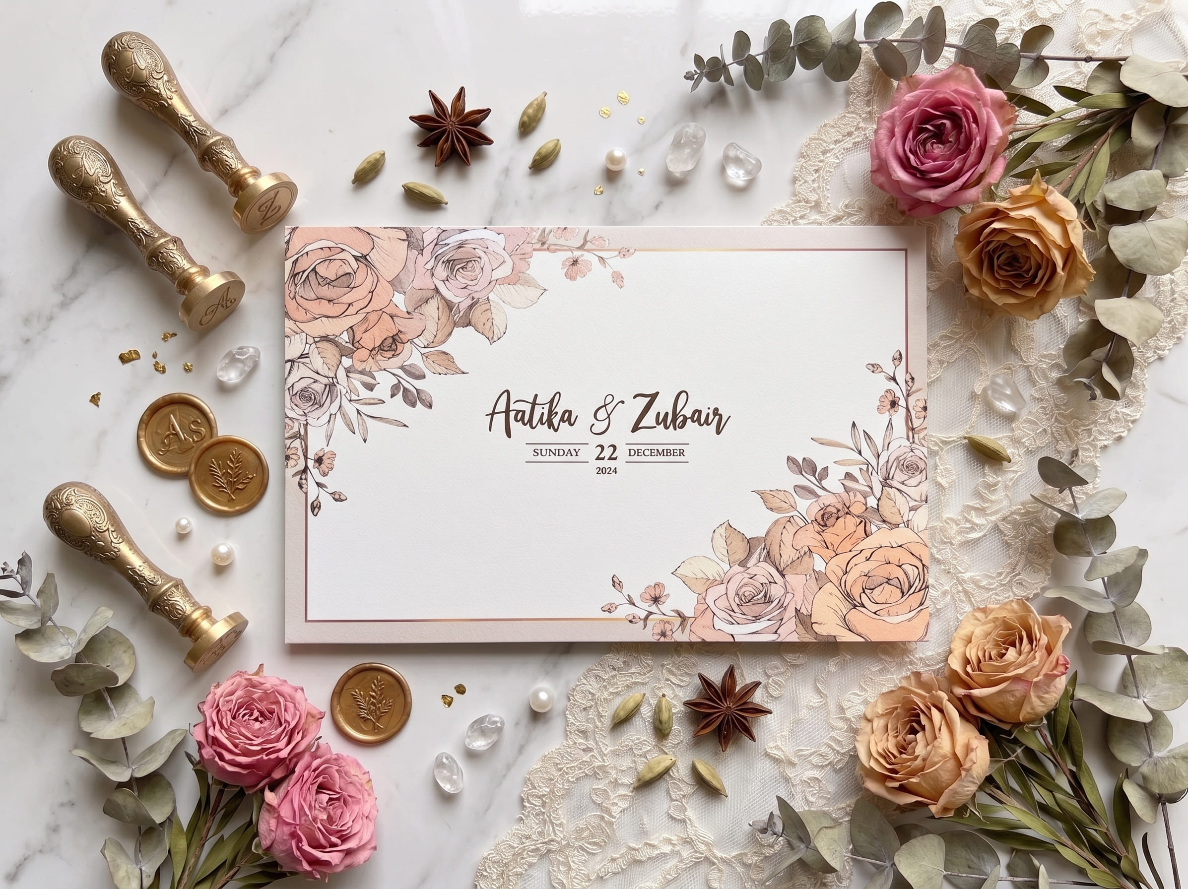 Landscape wedding card set with vintage sepia and beige roses and a gold double frame by Shahi Bulawa Karachi