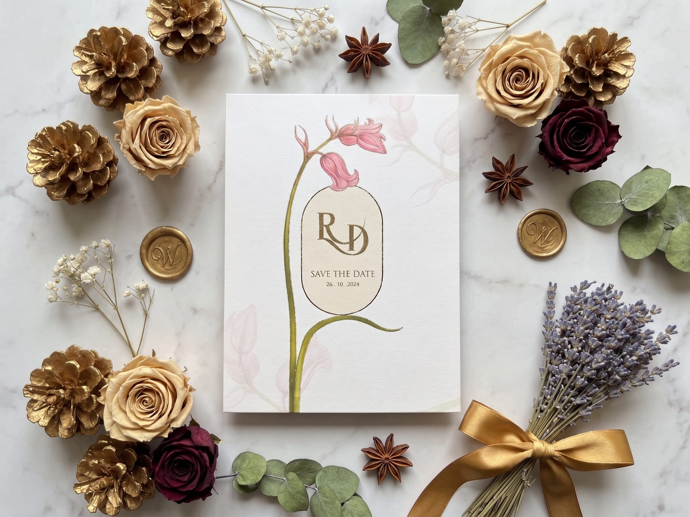 Minimalist save the date card with a single hand-painted pink tulip stem and a gold monogram oval by Shahi Bulawa Karachi