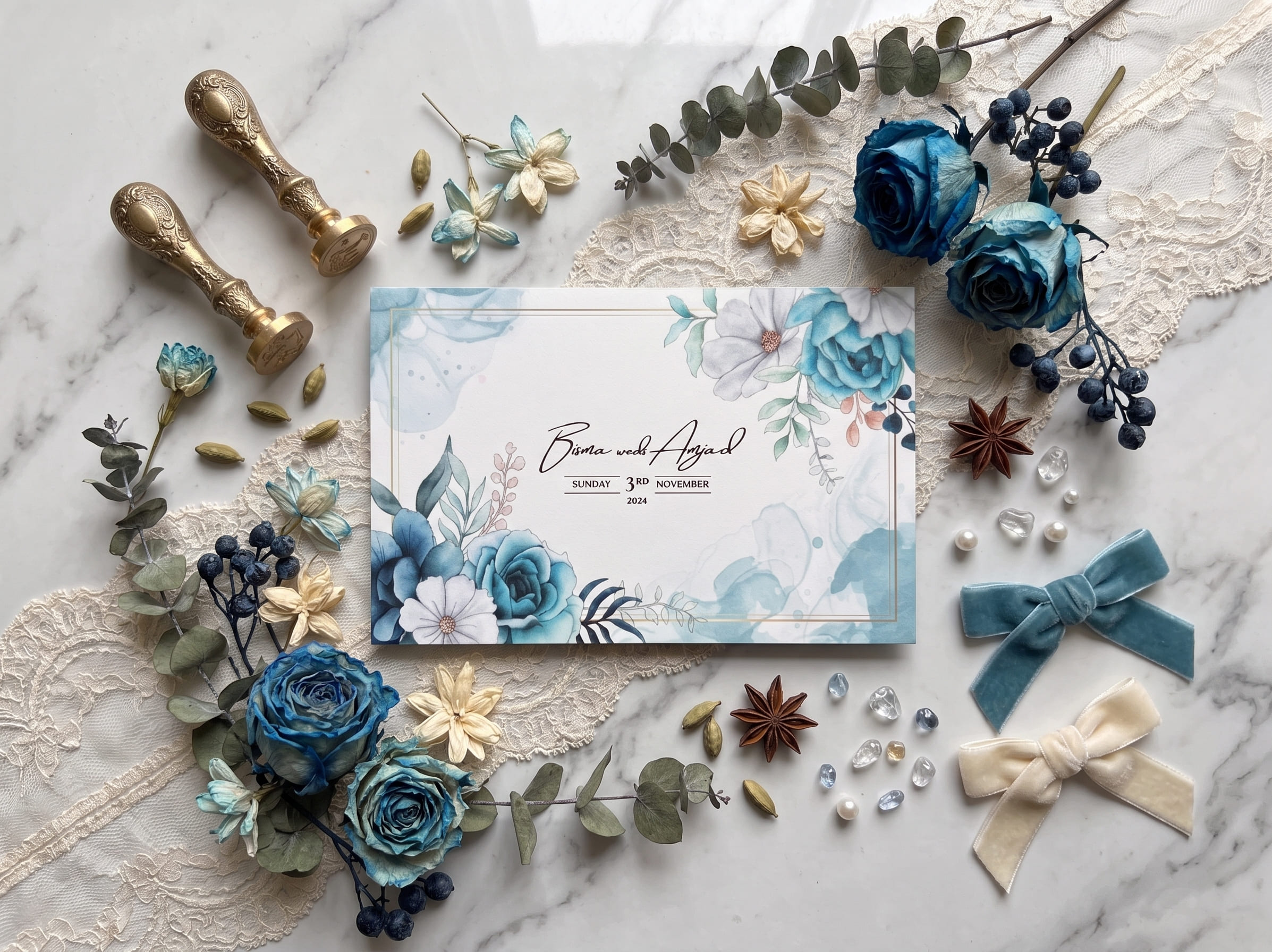 Landscape wedding ceremony card with dusty-blue watercolour florals and a thin gold double frame by Shahi Bulawa Karachi