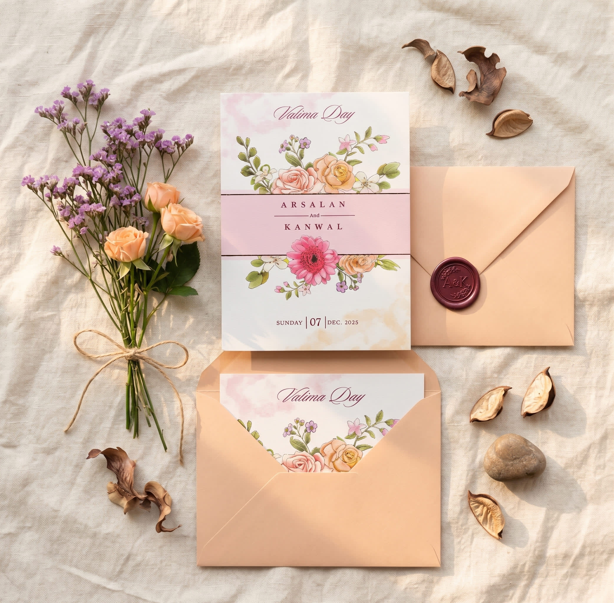 Valima Day Pink Banded Floral Invitation Card | Shahi Bulawa Karachi