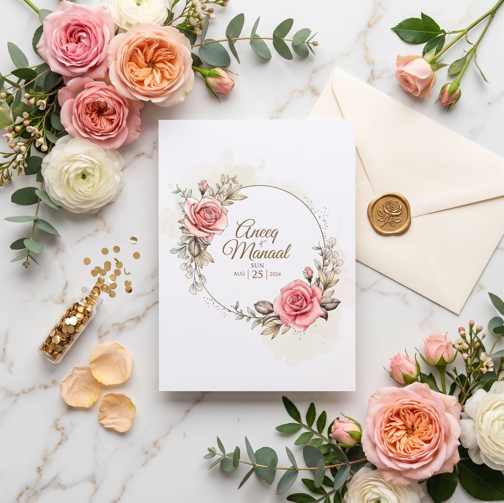 Gold Wreath Ring Rose Wedding Invitation Card | Shahi Bulawa Karachi