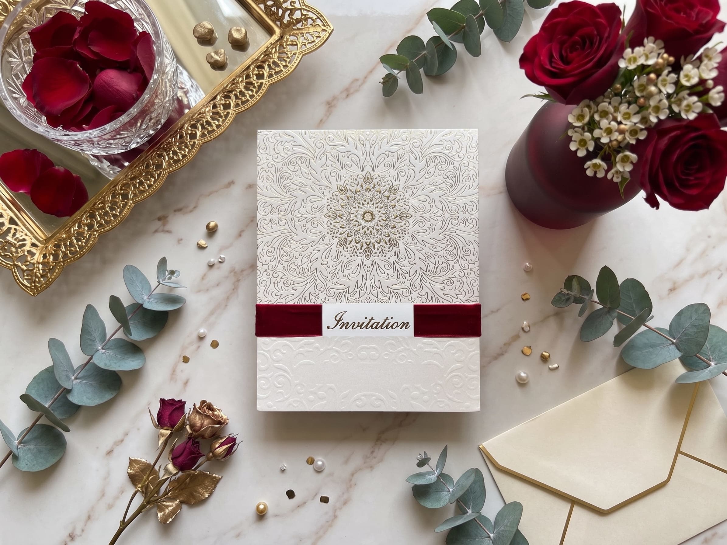 Ivory & Gold Foil Engraved Valima Reception Card | Shahi Bulawa Karachi