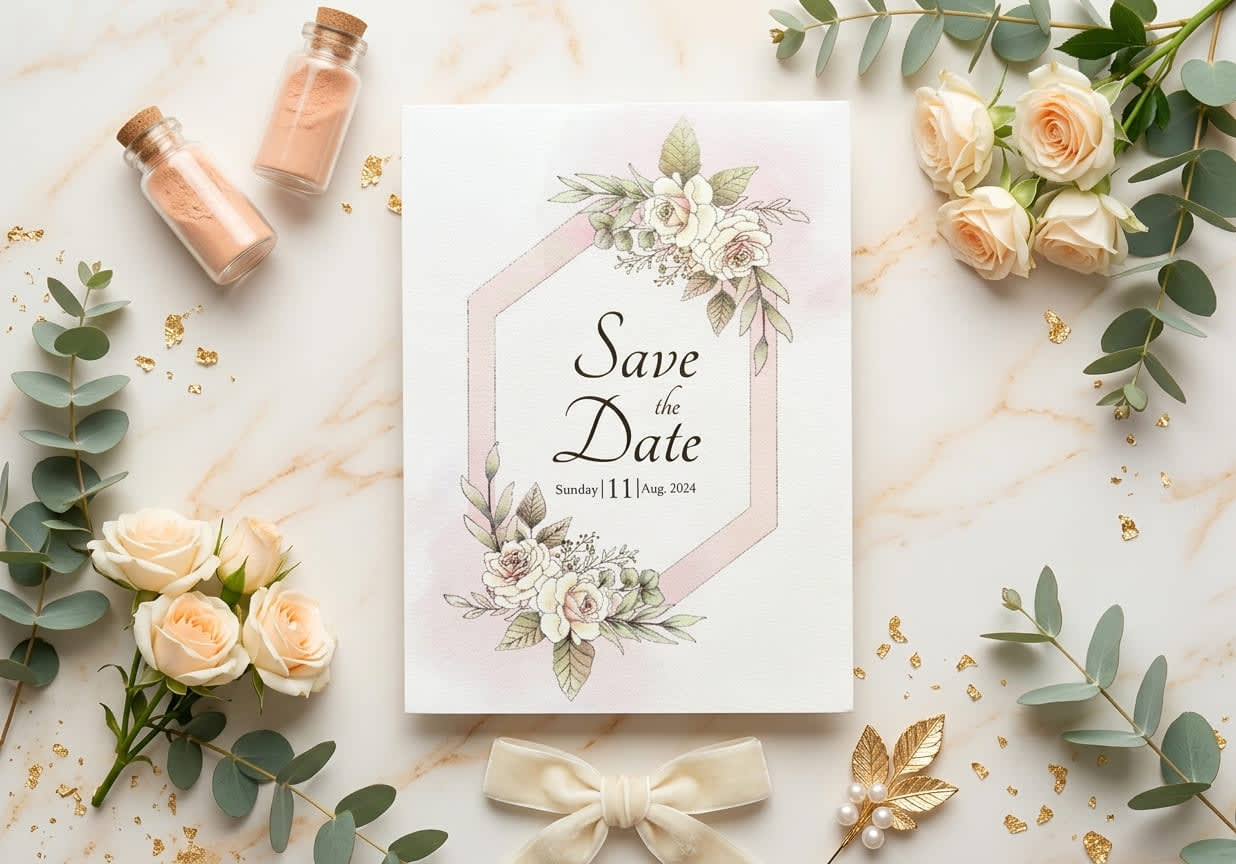 Hexagon Frame Floral Save the Date Card | Shahi Bulawa Karachi