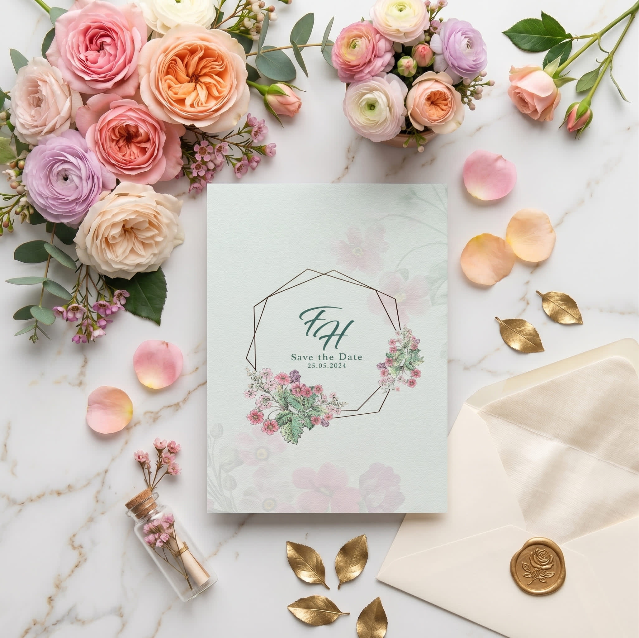 Heptagon Gold Frame Floral Save the Date Card | Shahi Bulawa Karachi
