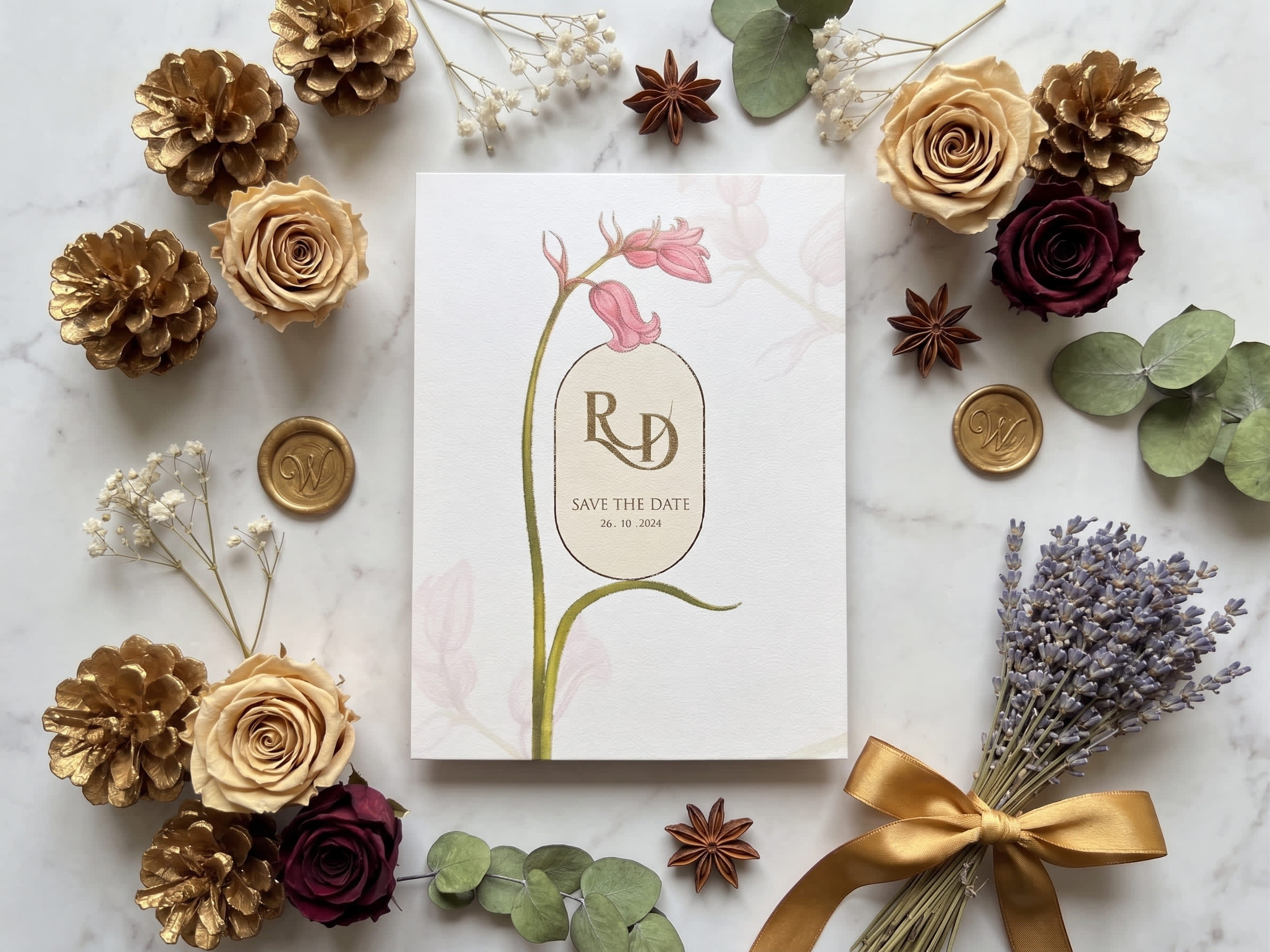 Single Tulip Stem Monogram Save the Date Card | Shahi Bulawa Karachi