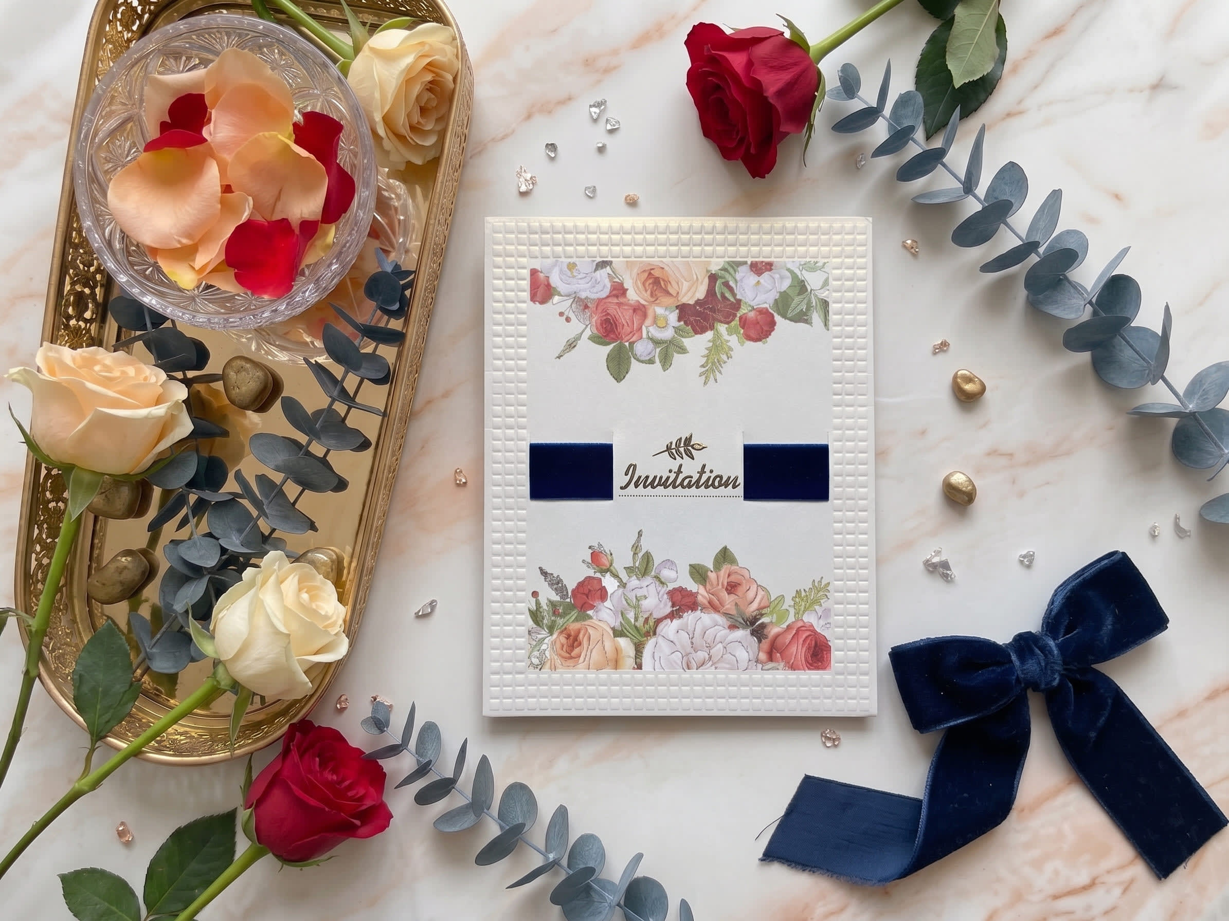 Embossed Grid Navy Velvet Invitation Card | Shahi Bulawa Karachi
