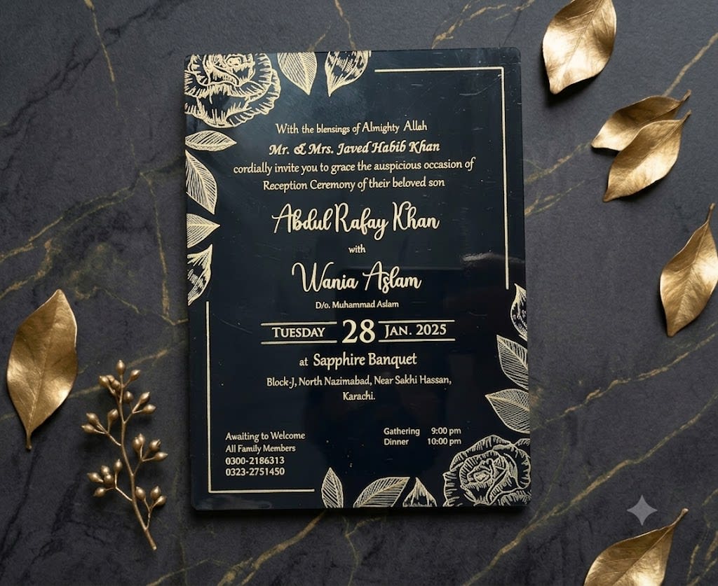 Black Acrylic Wedding Card with Gold Foil Printing in Karachi - Shahi Bulawa thumbnail 2