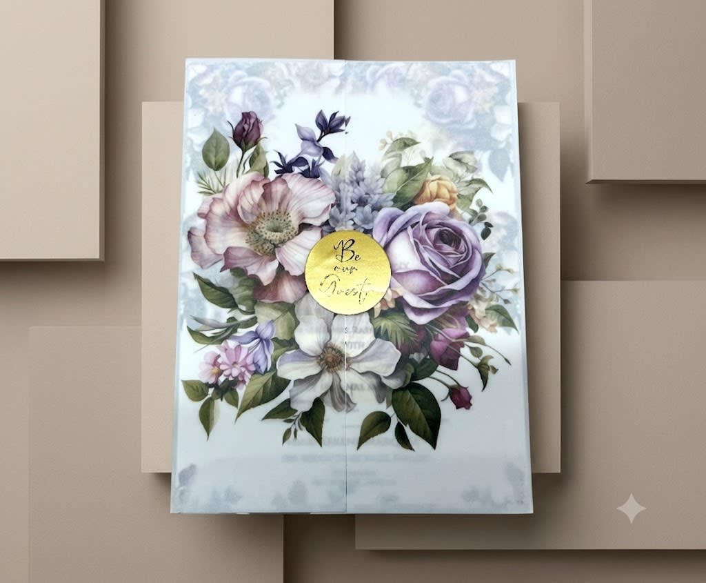 Lilac Vellum Wedding Card with Mix Flowers Print in Karachi - Shahi Bulawa — view 2