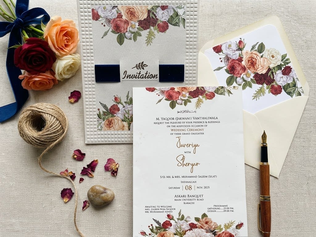 Embossed Grid Navy Velvet Invitation Card | Shahi Bulawa Karachi thumbnail 3