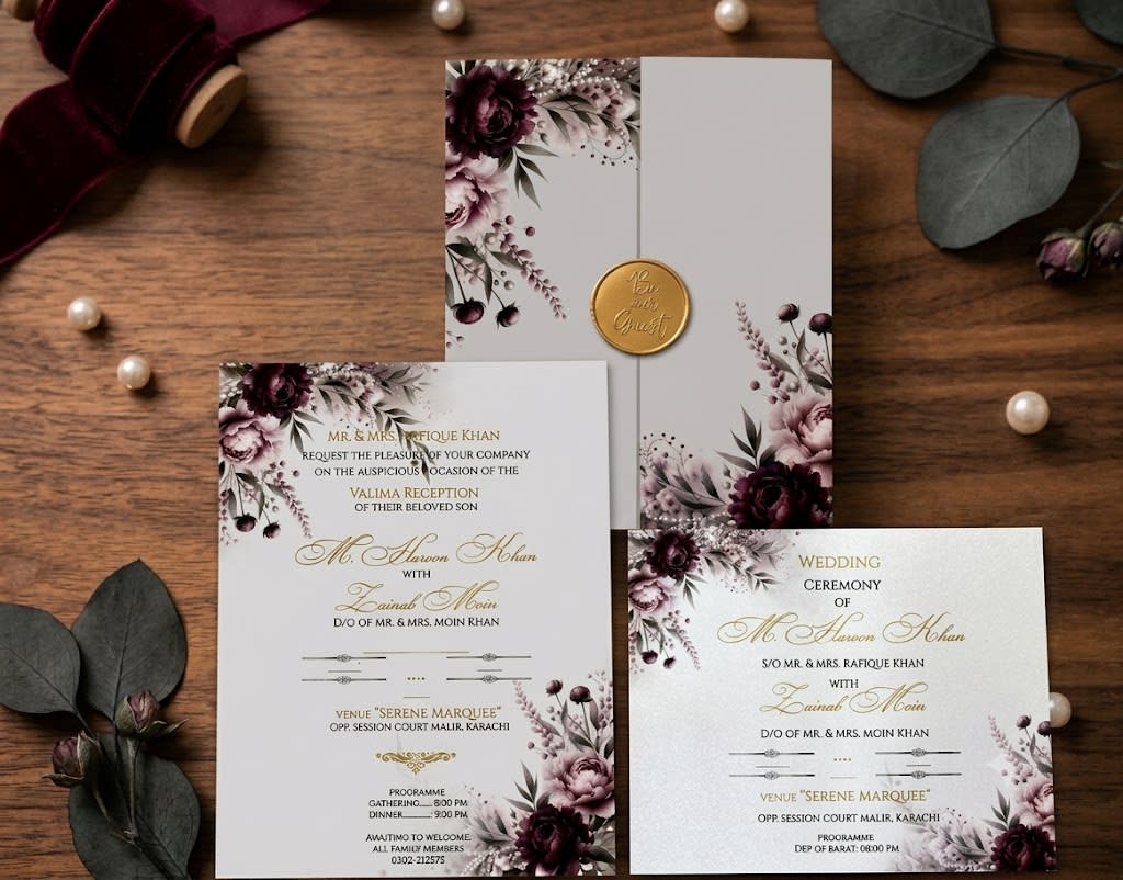 Dark Maroon Vellum Wedding Card with Plum Flowers Print in Karachi - Shahi Bulawa thumbnail 2