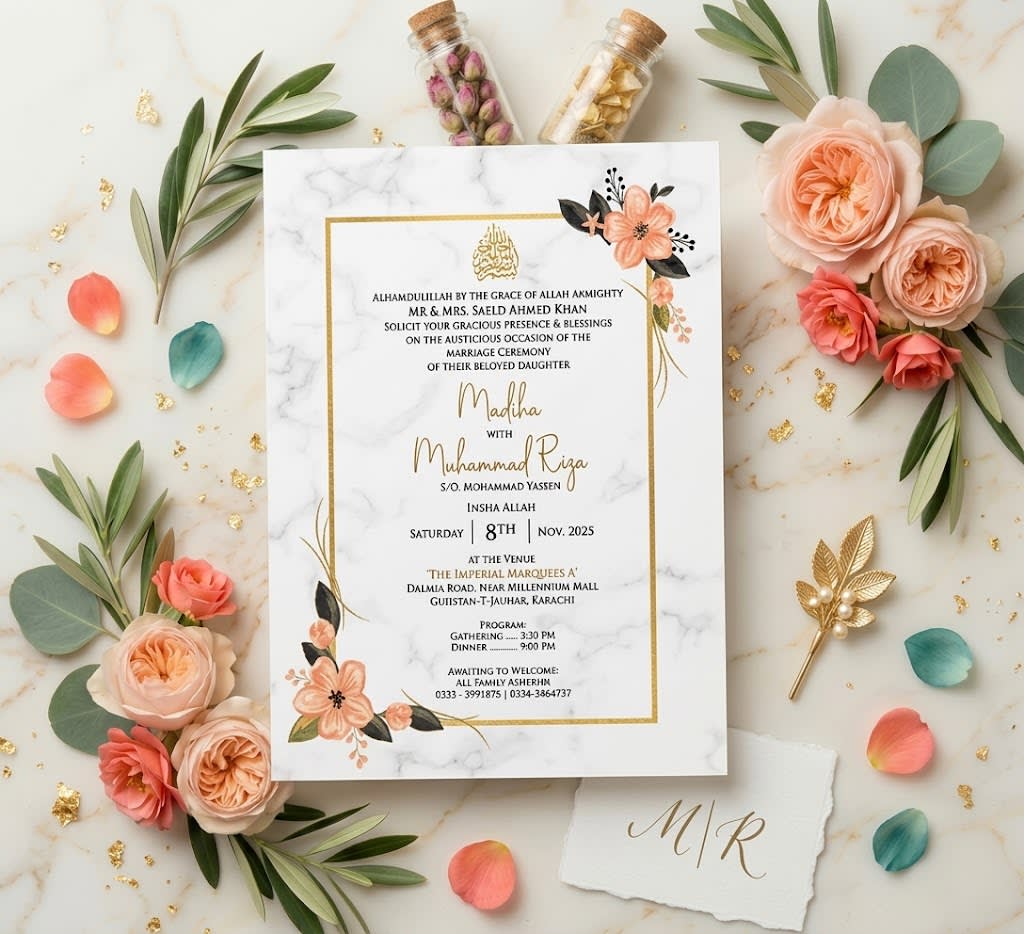Marble & Gold Monogram Wreath Wedding Card | Shahi Bulawa Karachi thumbnail 2