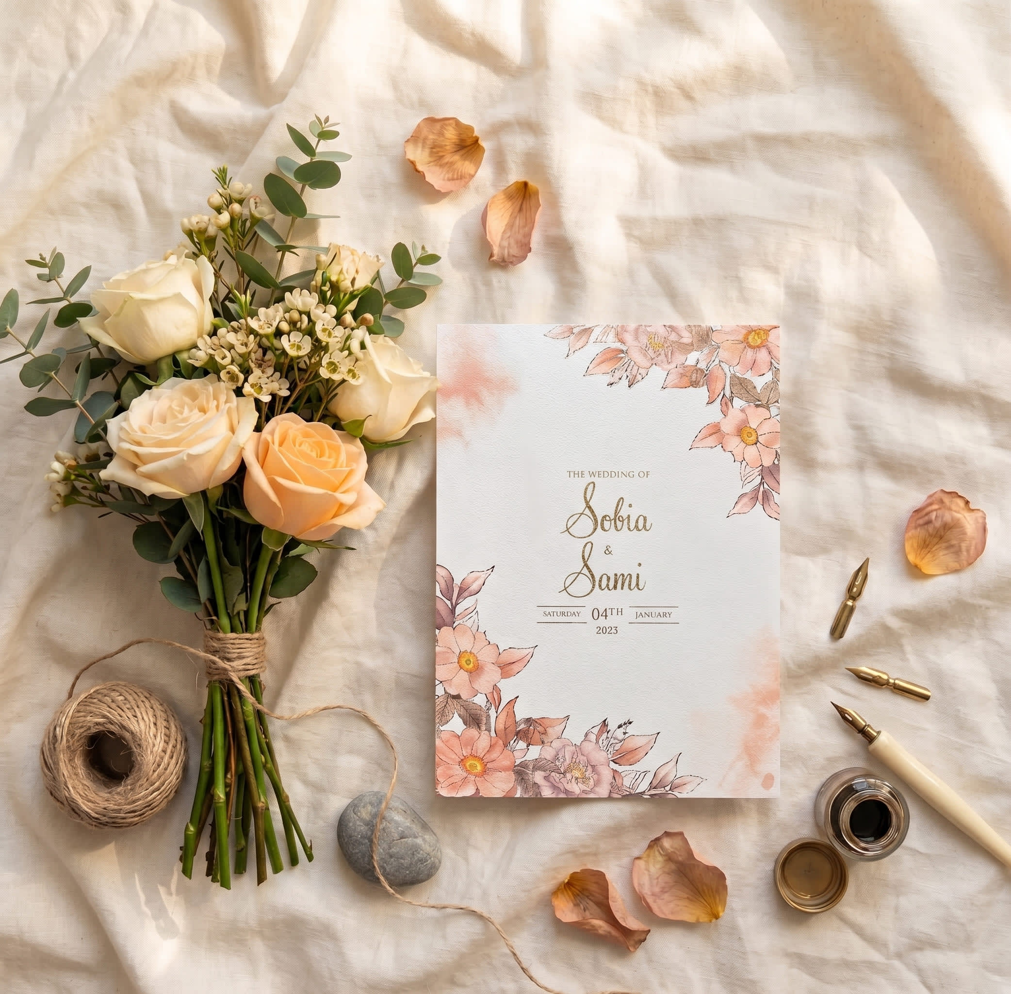 Two-piece wedding ceremony card set with blush and peach wild roses and gold script by Shahi Bulawa Karachi
