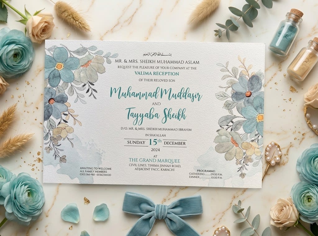 Dusty Blue Floral Landscape Wedding Card | Shahi Bulawa Karachi thumbnail 2