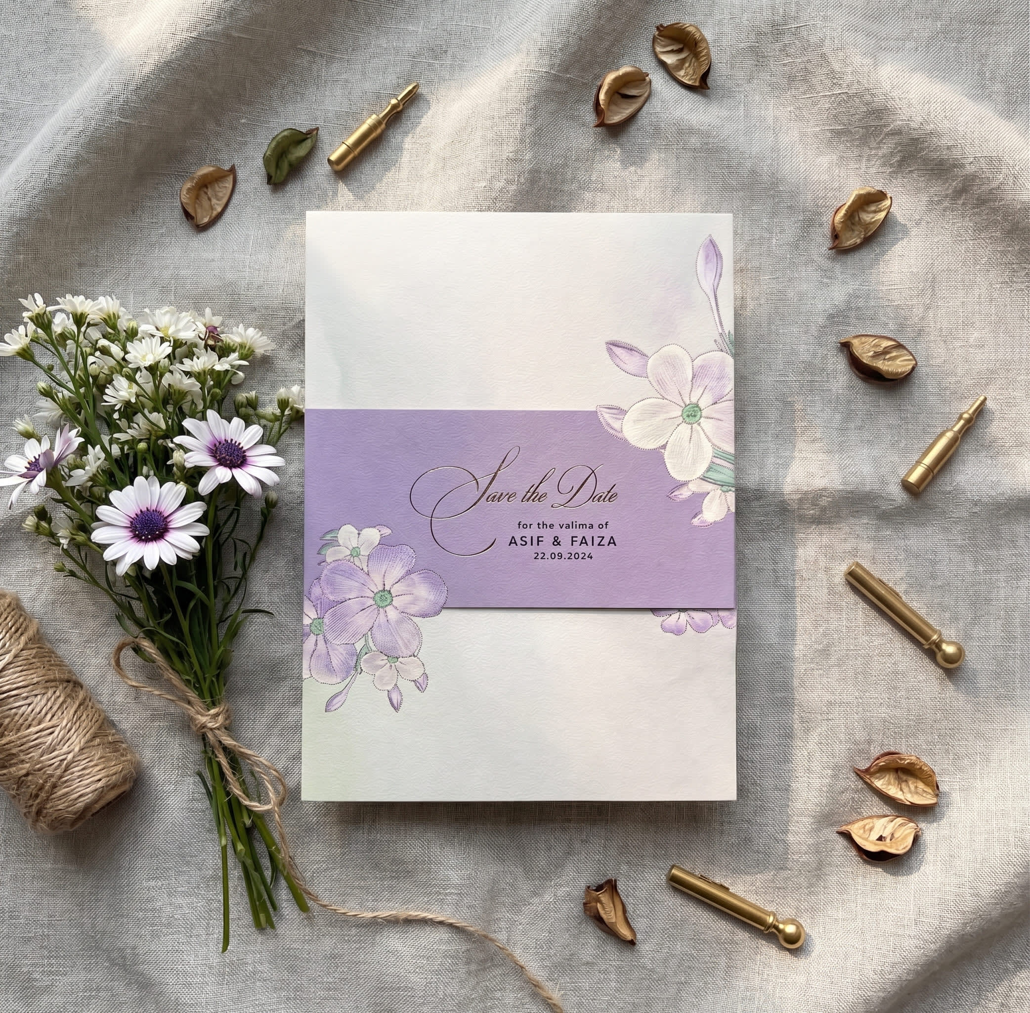 Valima reception card set with a lilac band cover and an oval insert with purple phlox florals by Shahi Bulawa Karachi