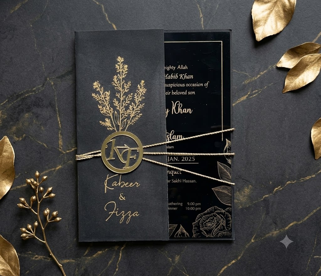 Luxury black acrylic wedding card with gold foil text