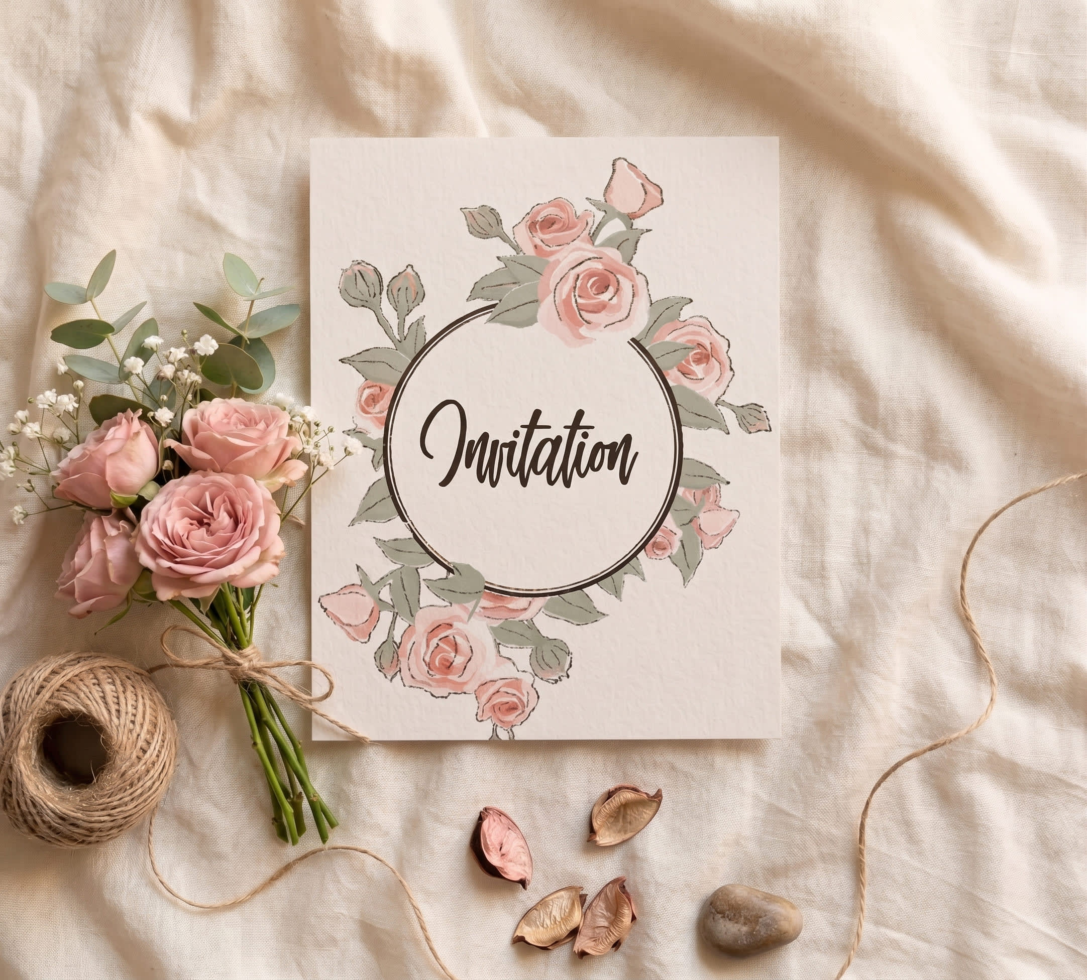 White wedding invitation card with a blush pink rose wreath ring and brown calligraphy Invitation by Shahi Bulawa Karachi