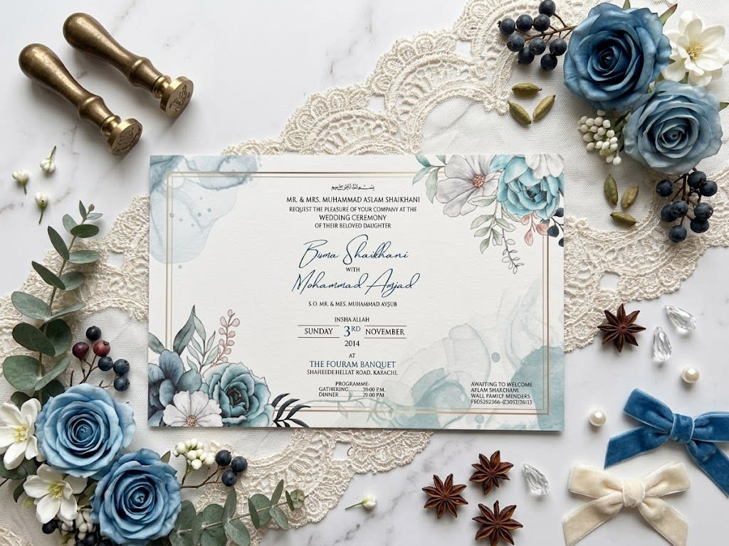 Dusty Blue Floral Landscape Valima Card | Shahi Bulawa Karachi thumbnail 2