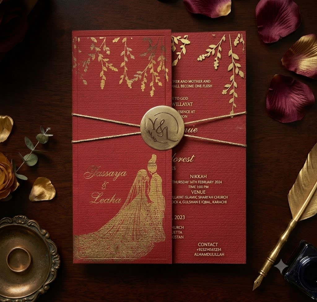 Red frosted acrylic wedding card with gold foil vines