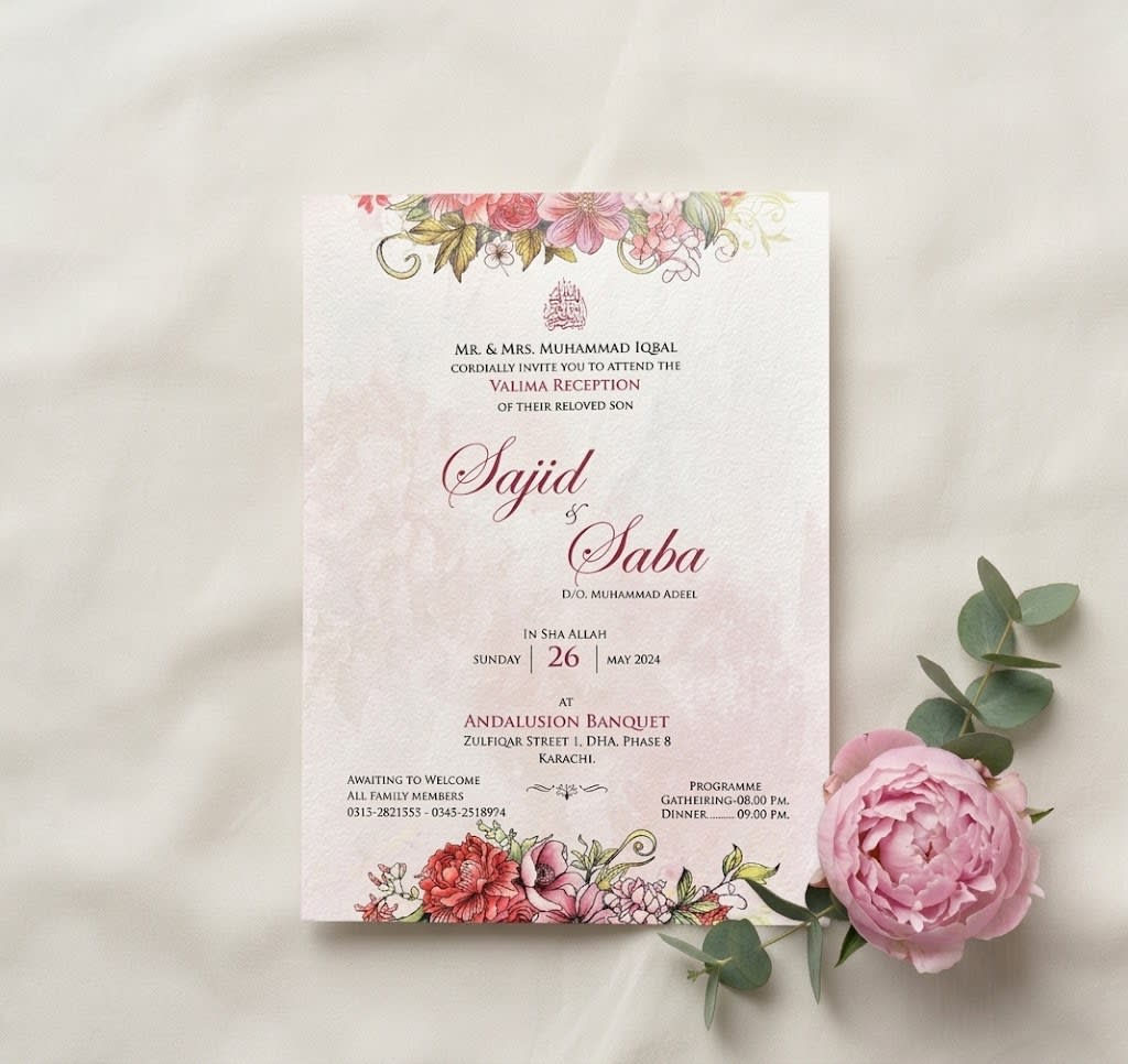 Watercolor Floral Wedding Card with Ornate Frame in Karachi - Shahi Bulawa thumbnail 2